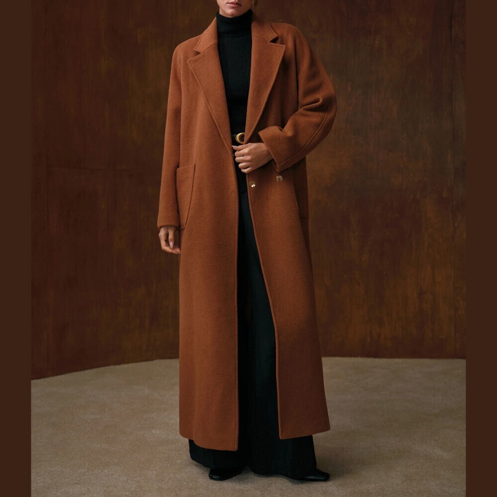 Warm Rust Brown Notch Lapel Double Breasted Maxi Coat